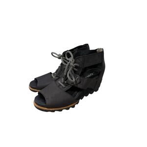 Sorel Joanie Sandal Sz 8 Lace Up Black Leather Wedge Cut Out Peep Toe Women